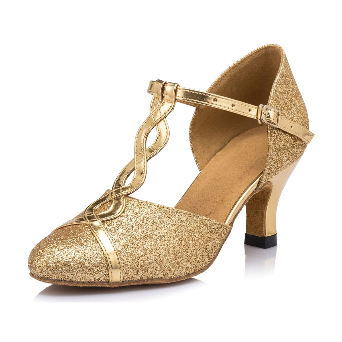 Gold glitter closed toe ballroom dance shoe for women side view, twisted metallic T-strap, buckled ankle strap and gold flared heel