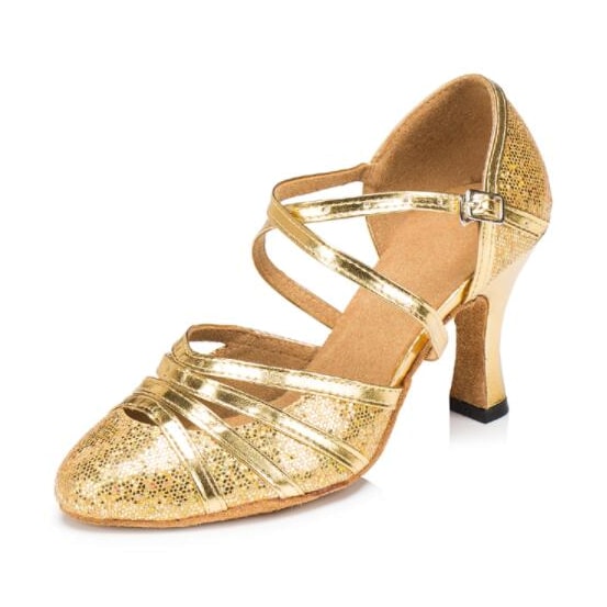 gold glitter closed-toe ballroom dance shoe for women, crisscross straps and tapered heel