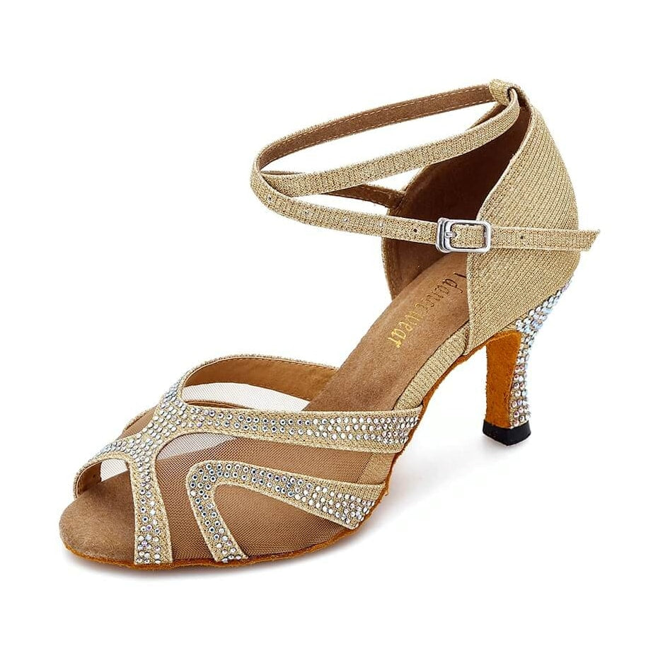 gold glitter rhinestone ballroom dance shoe for women, mesh side panels and crystal-trimmed open toe