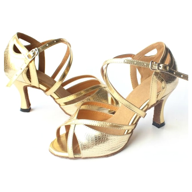 pair of gold snakeskin print latin dance shoes for women with crossover toe straps, crossed ankle strap and flared heel