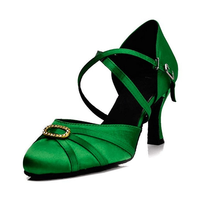 green satin closed-toe ballroom dance shoe for women, rhinestone buckle accent, crisscross ankle strap