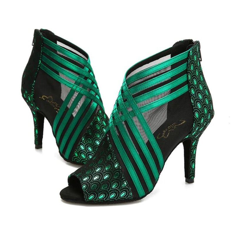 green satin striped dance boot for women over black mesh with peacock print panels and peep toe