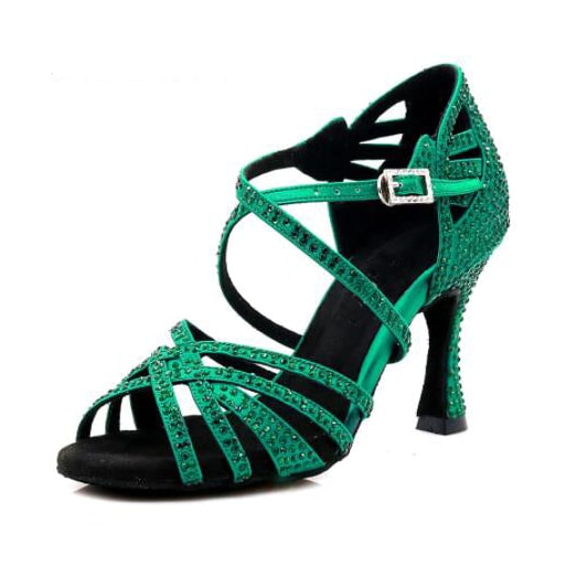 green satin dance shoe for women covered in matching green rhinestones, strappy open toe and flared heel