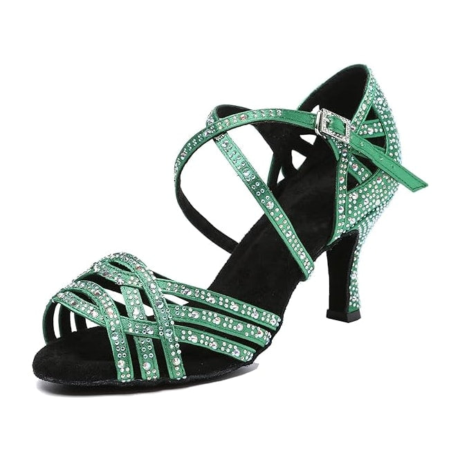 green satin rhinestone performance dance shoe for women, crystal-lined straps and flared heel