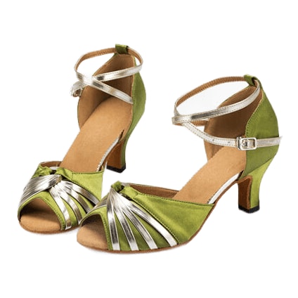 pair of green satin latin dance shoes for women with fanned silver toe straps, crossed ankle strap and a low flared heel