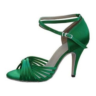 green satin latin dance shoe for women with fanned multi-strand toe straps, crossed ankle strap and a stiletto heel