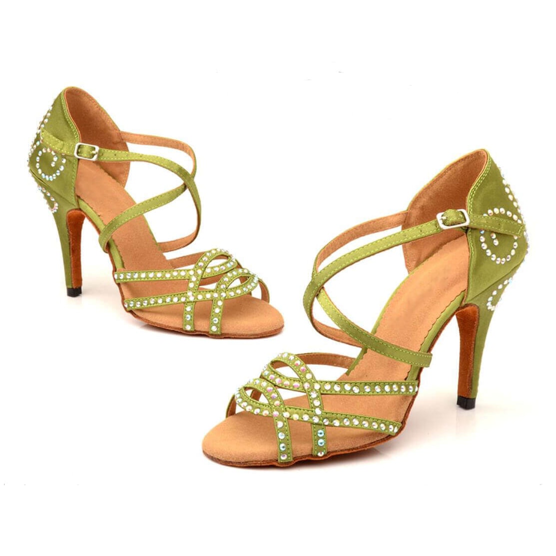 pair of olive green satin dance shoes for women with rhinestone swirl straps and slim stiletto heels