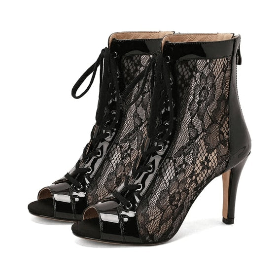 black patent and floral lace peep-toe dance boot for women, front lace-up and back zip closure