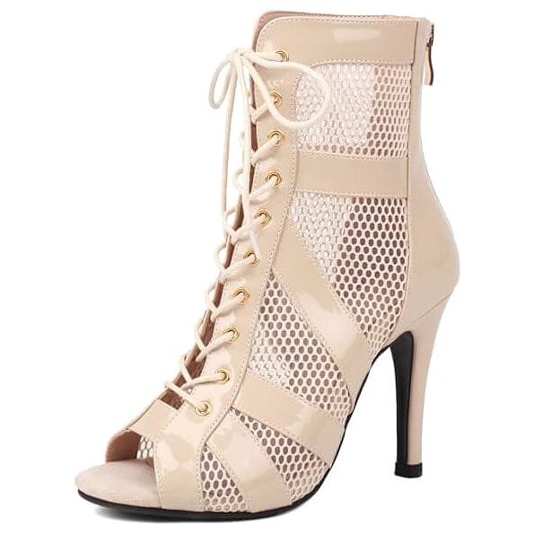 nude patent and mesh lace-up dance boot for women with gold eyelets and slim stiletto heel