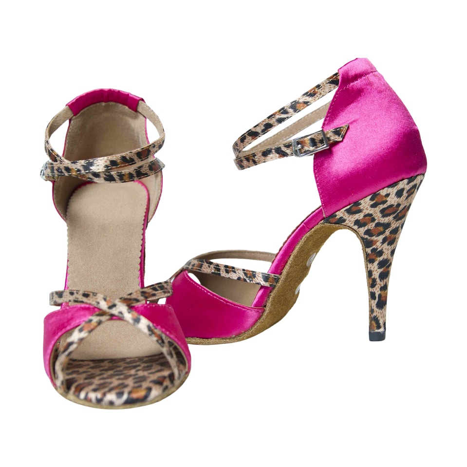 pair of hot pink satin latin dance shoes for women with leopard print straps, peep toe and a leopard covered stiletto heel