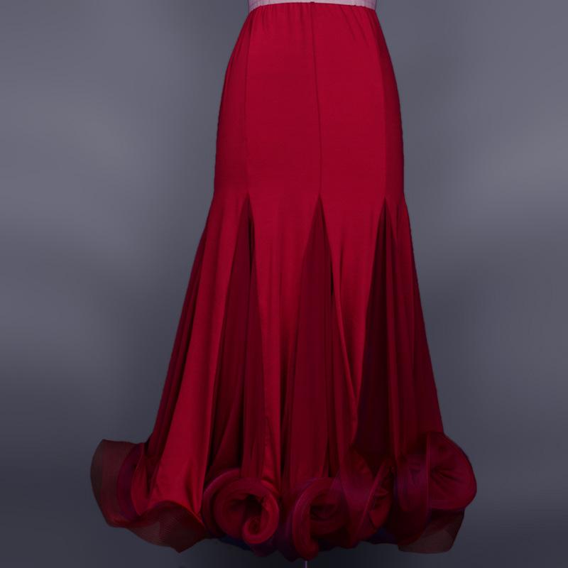 Firebrick ballroom dance skirt with high waist and rolled organza ruffle hem detail