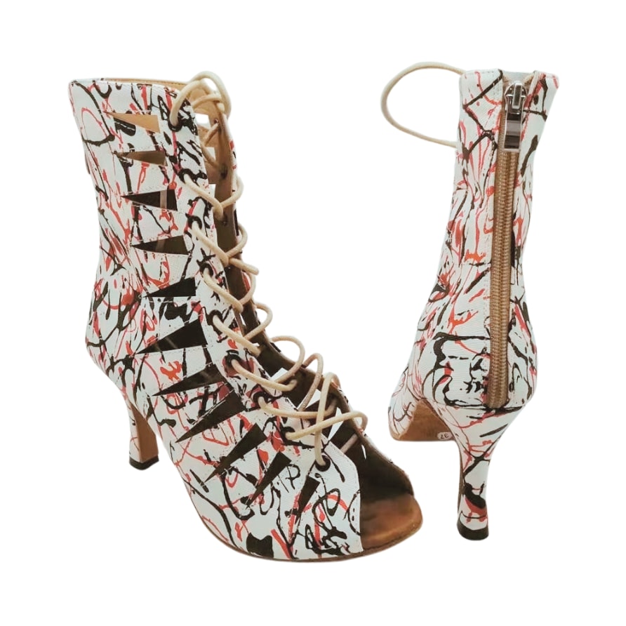 white graffiti-print lace-up open-toe dance boot for women, red and black scribbles with back zip