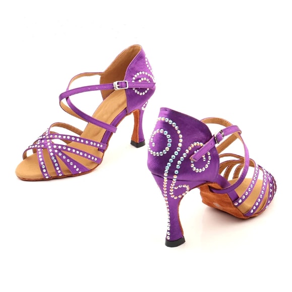 pair of purple satin diamante ballroom dance shoes for women with AB rhinestone swirl toe design