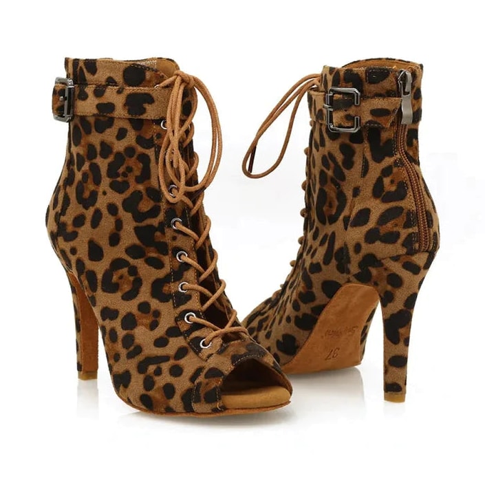 leopard print suede lace-up open-toe dance boot for women with ankle buckle strap and stiletto