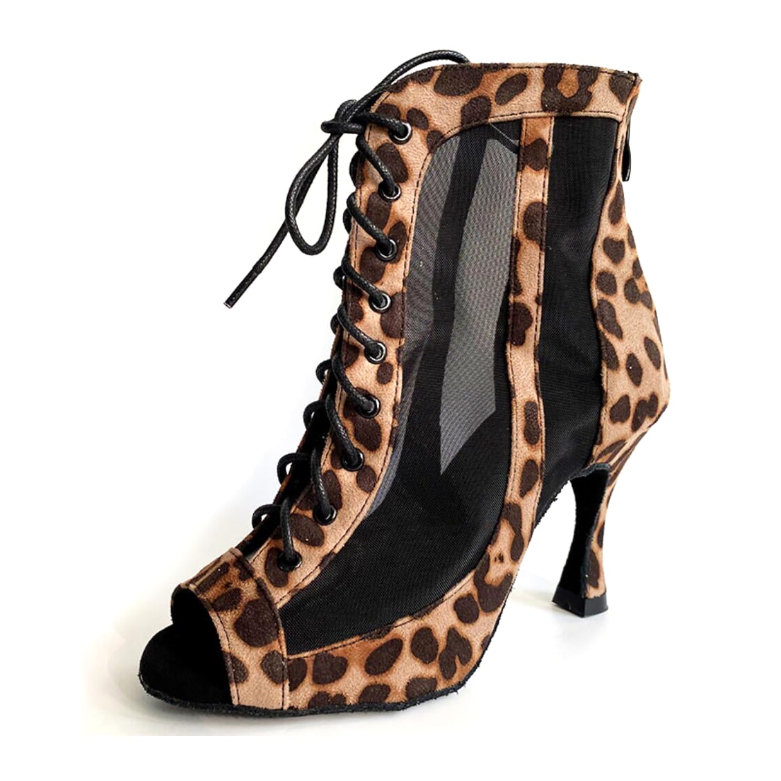 leopard print suede lace-up open-toe dance boot for women with black mesh panel and flared heel