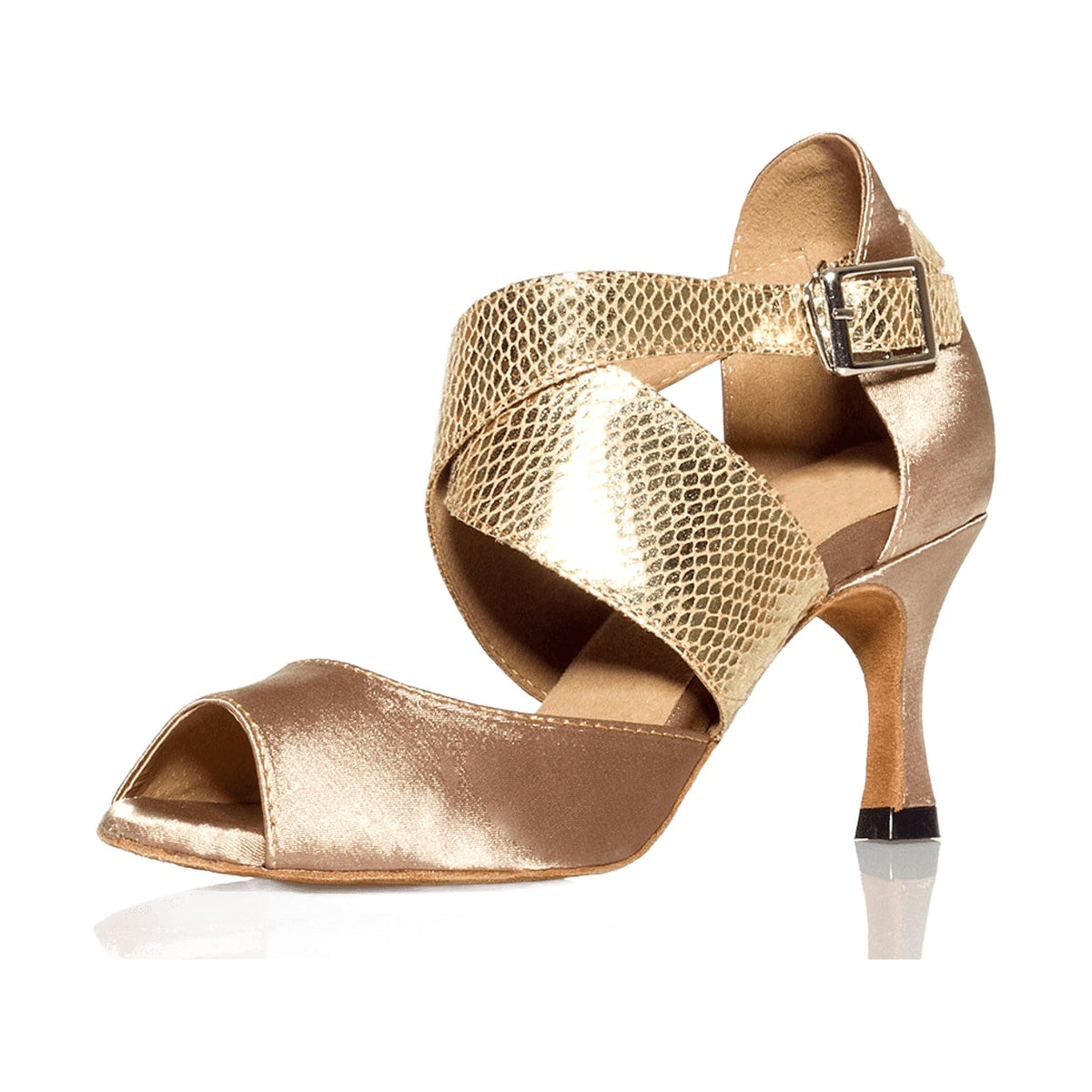 light tan satin latin dance shoe for women with a wide gold snakeskin crossover strap, peep toe and a flared heel