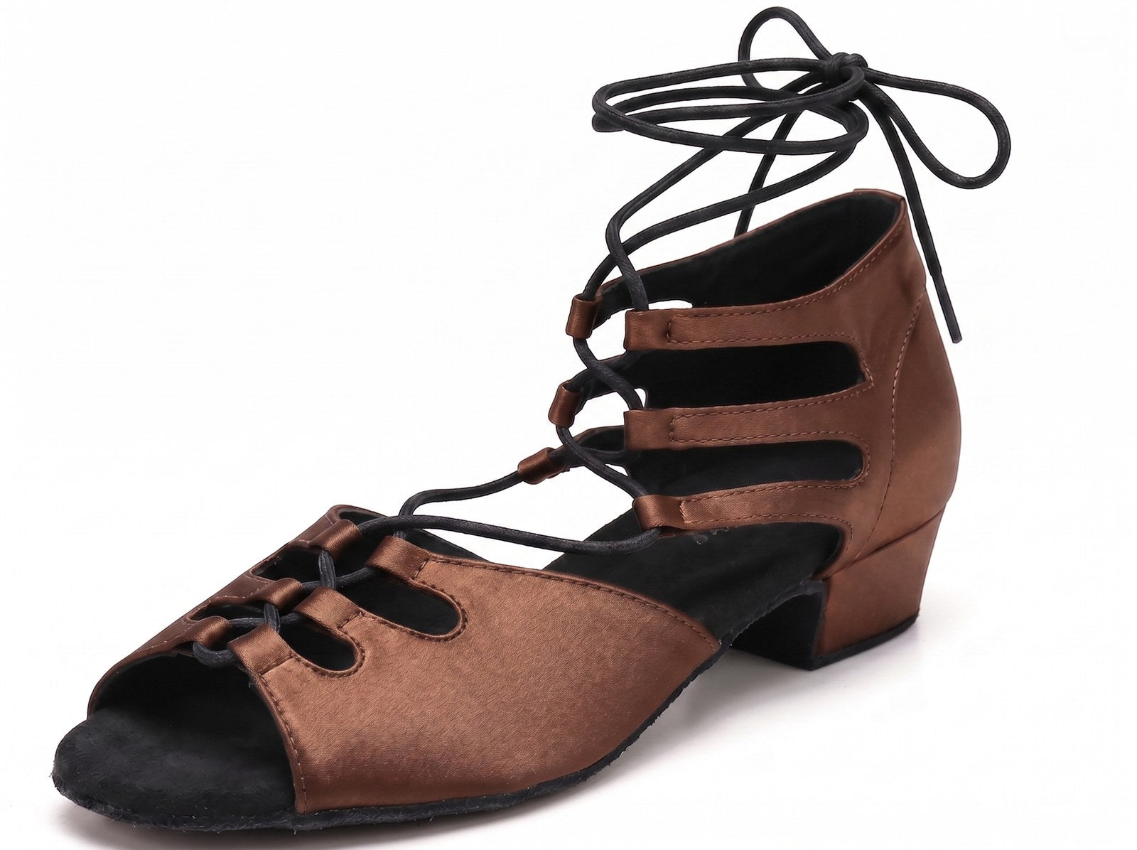 Coffee brown satin latin dance shoes side view, lace-up open toe salsa shoes with ladder cut-outs and low Cuban block heel