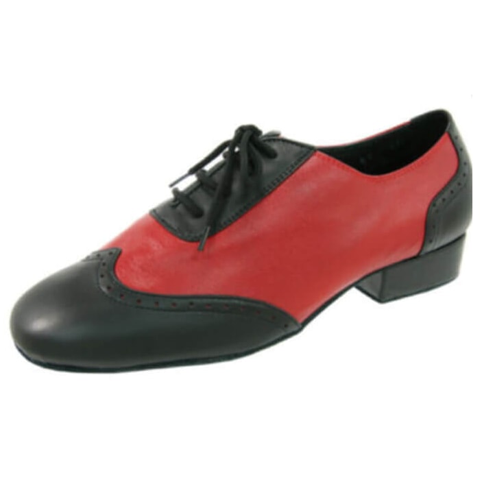 men's black and red leather latin dance shoe in a brogue wingtip pattern with a low block cuban heel