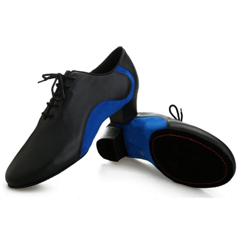 pair of men's black leather latin dance shoes with a blue suede heel counter and a low block cuban heel