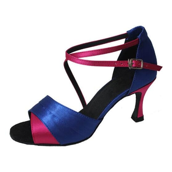 blue satin latin dance shoe for women with contrast pink straps and heel, crossed ankle straps and a peep toe