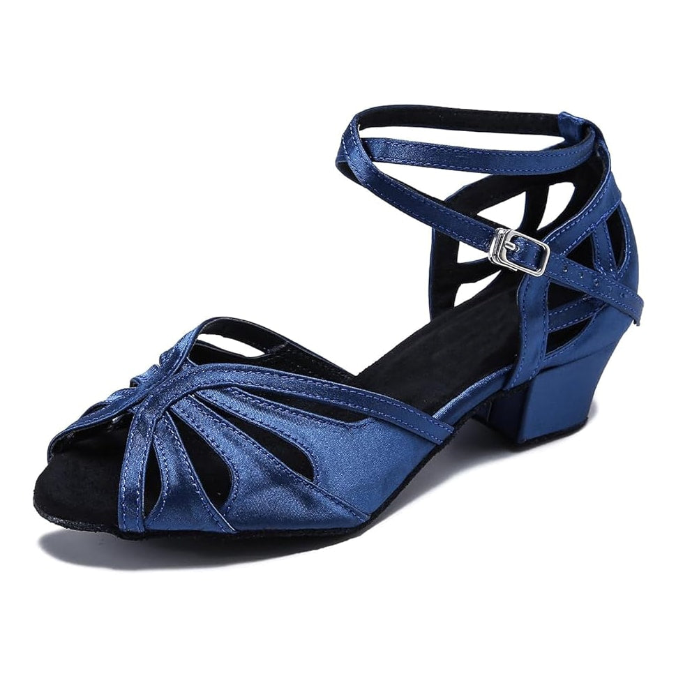 navy blue satin latin dance shoe for women with a fanned cutout vamp, crossed cutout ankle straps and a low block heel