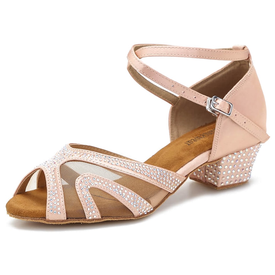 nude rhinestone dance shoe for women with low cuban heel, mesh panels and crystal-studded block heel