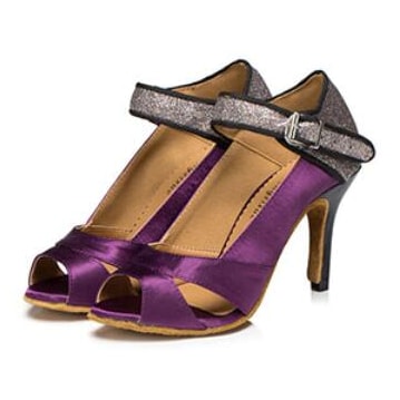 purple satin latin dance shoes for women with a glitter ankle strap band, crossover peep toe vamp and stiletto heel