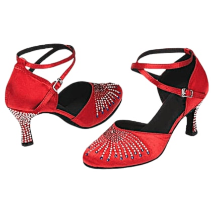 pair of red satin closed-toe ballroom dance shoes with rhinestone toe accent and crisscross ankle straps