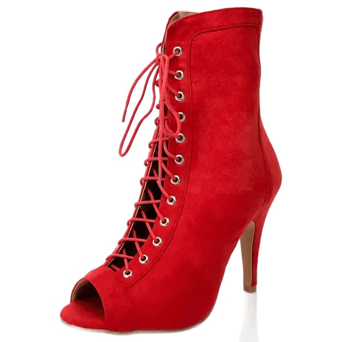 red suede lace-up peep-toe dance boot for women, ankle height with silver eyelets and stiletto heel