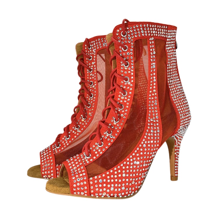 red mesh dance boot for women covered in silver rhinestones, lace-up front and tan suede sole