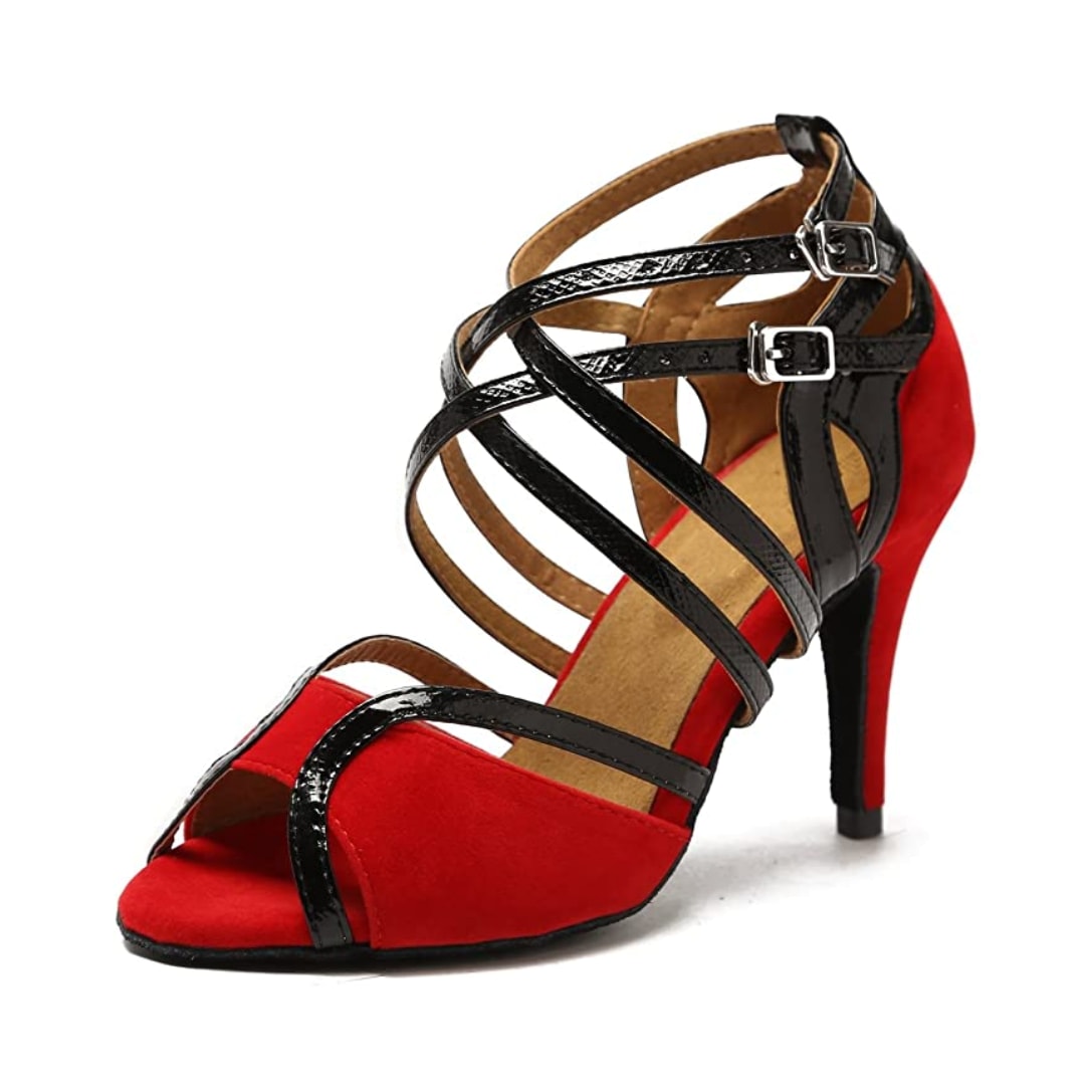 red suede latin dance shoe for women with black patent crossed straps, double buckles, peep toe and a stiletto heel