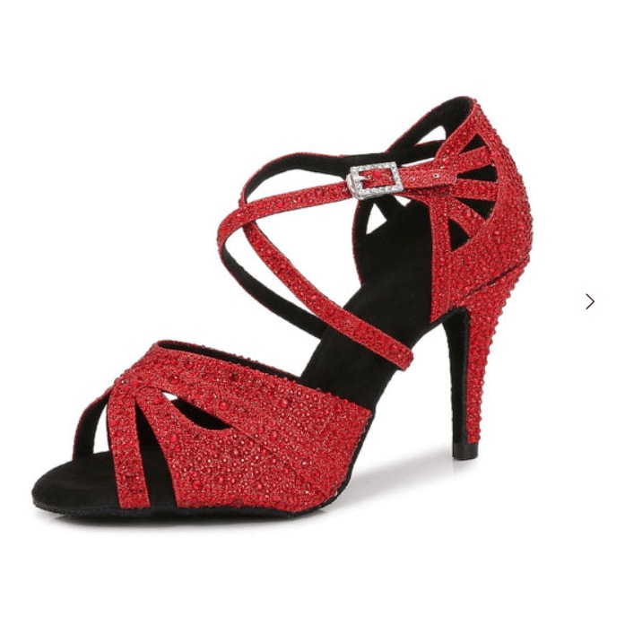 red glitter ballroom dance shoe for women with crystal buckle strap and rhinestone-covered heel