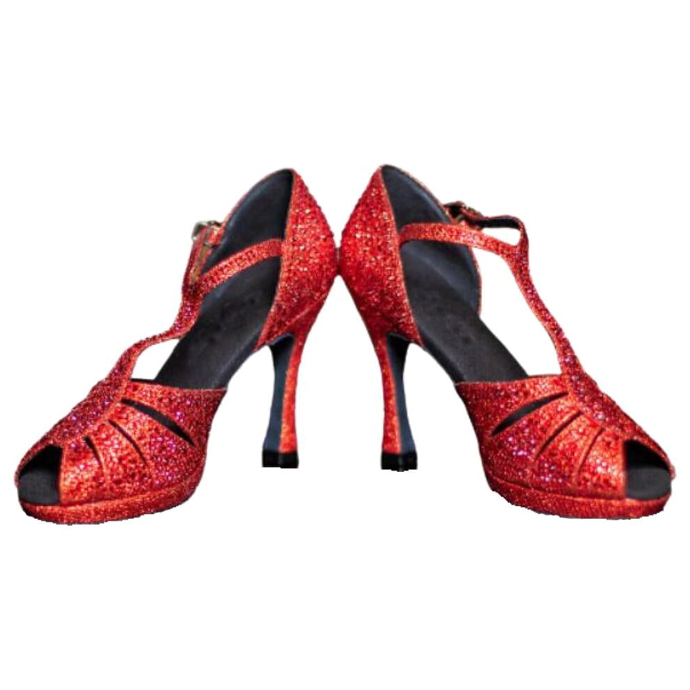 pair of red glitter rhinestone samba platform dance heels for women with t-strap and peep toe