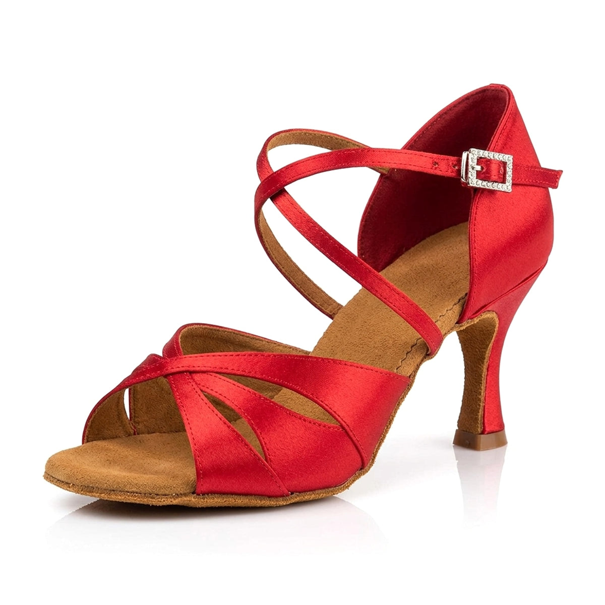 Red satin open toe dance shoe for salsa nights, rhinestone-framed buckle on a slim crossover strap, satin-wrapped flared heel