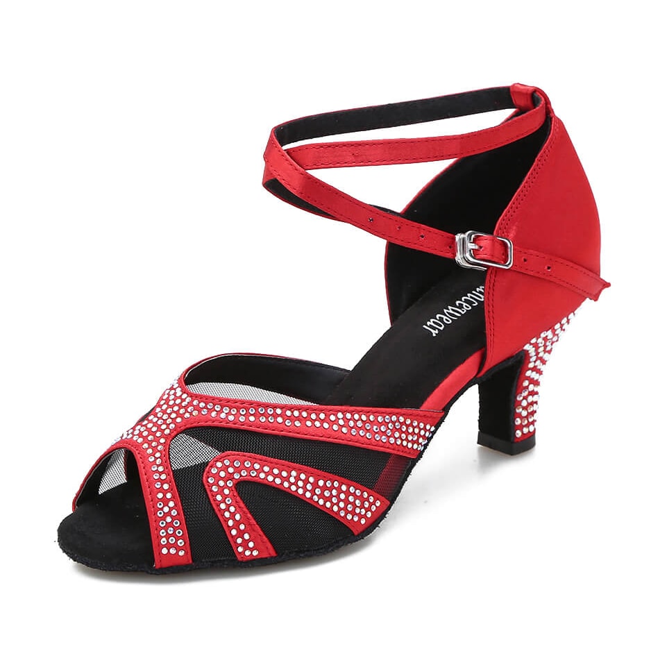 red satin dance shoe for women with black mesh inserts and red rhinestone toe design, crossed ankle strap