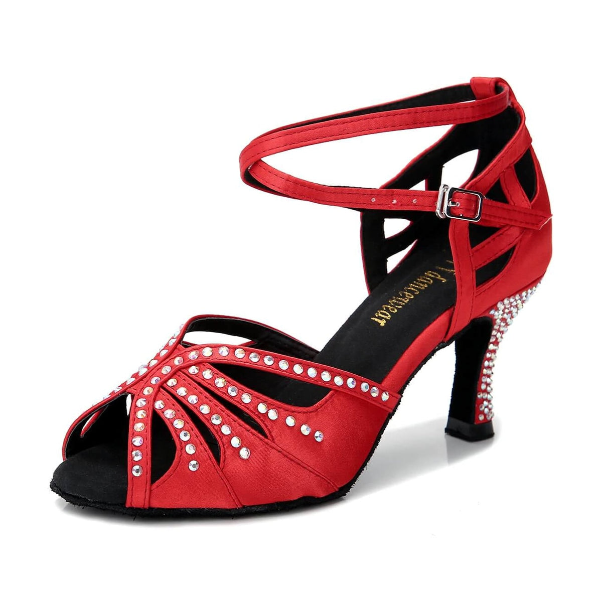 red satin diamante ballroom dance shoe for women, rhinestone fan toe and crystal-set flared heel