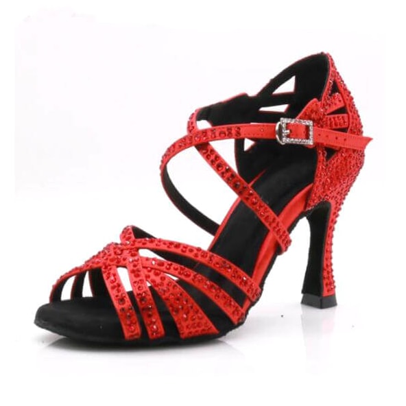 red satin rhinestone ballroom dance shoe for women, strappy open toe and crystal buckle ankle strap