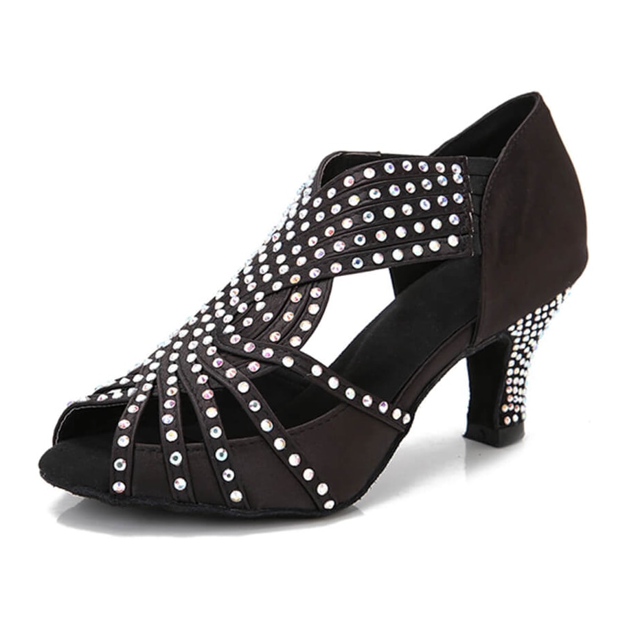 black satin rhinestone ballroom dance shoe for women, crystal-studded straps and stretch side panel