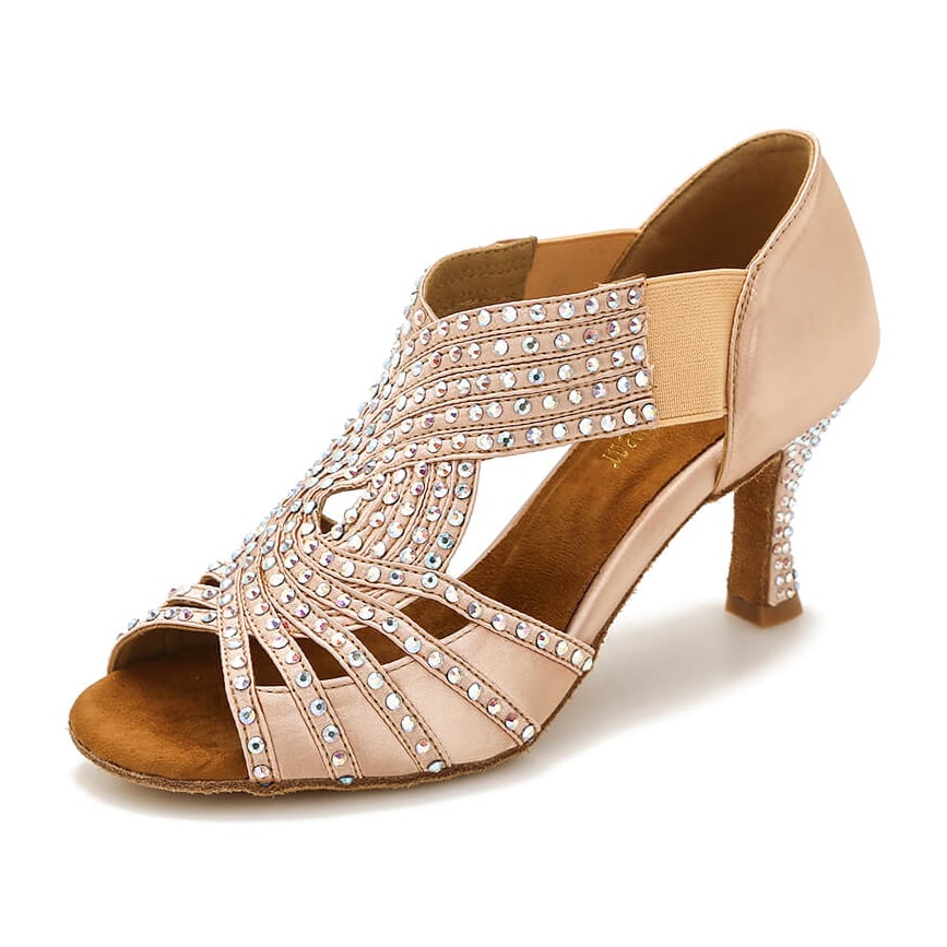 flesh satin rhinestone ballroom dance shoe for women, crystal fan toe with stretch panel and open toe