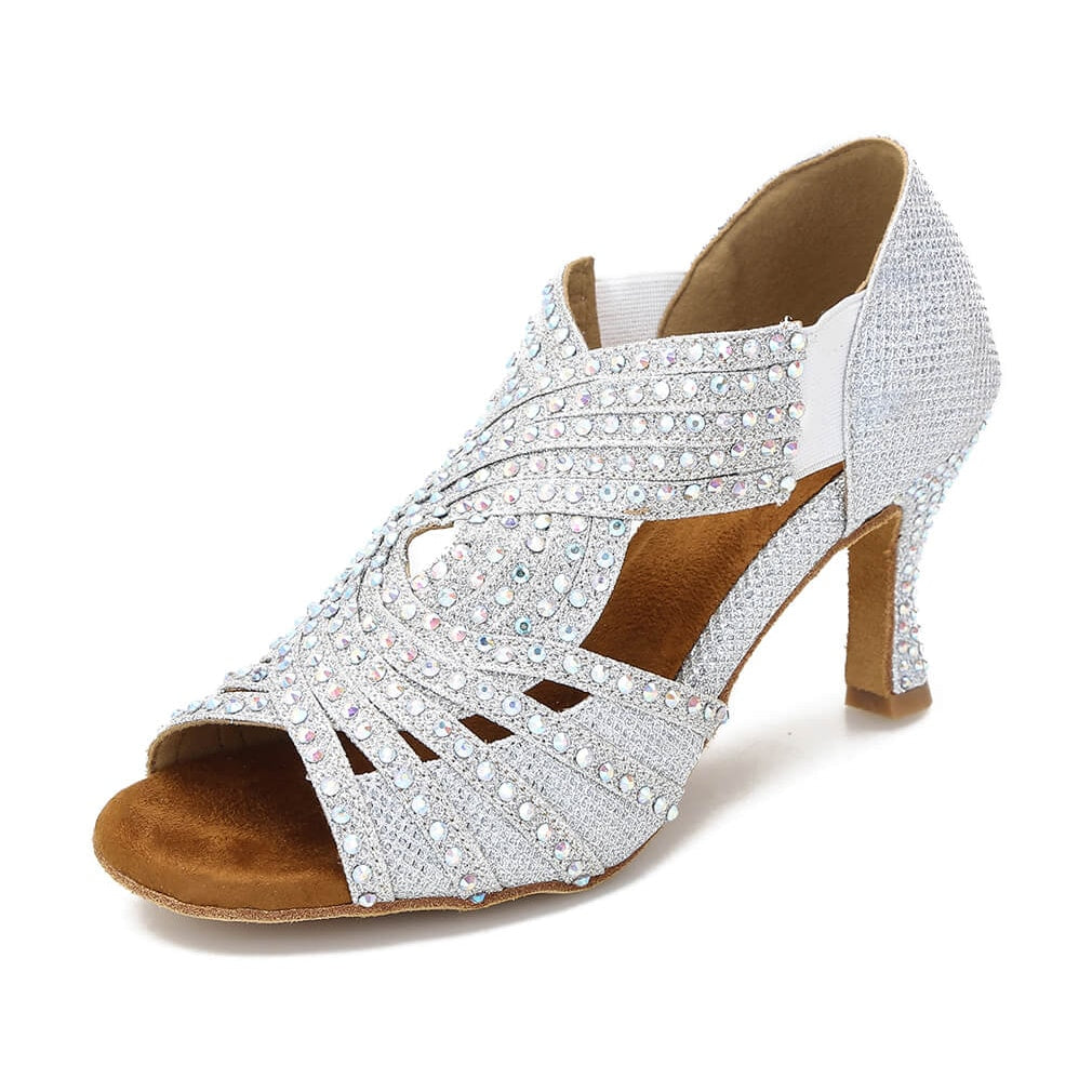 silver glitter rhinestone ballroom dance shoe for women, cutout crystal upper and open toe