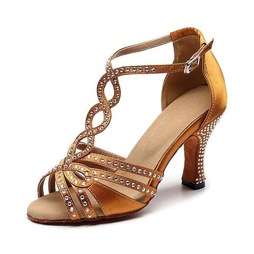 tan satin rhinestone ballroom dance shoe for women, crystal loop t-strap and open toe