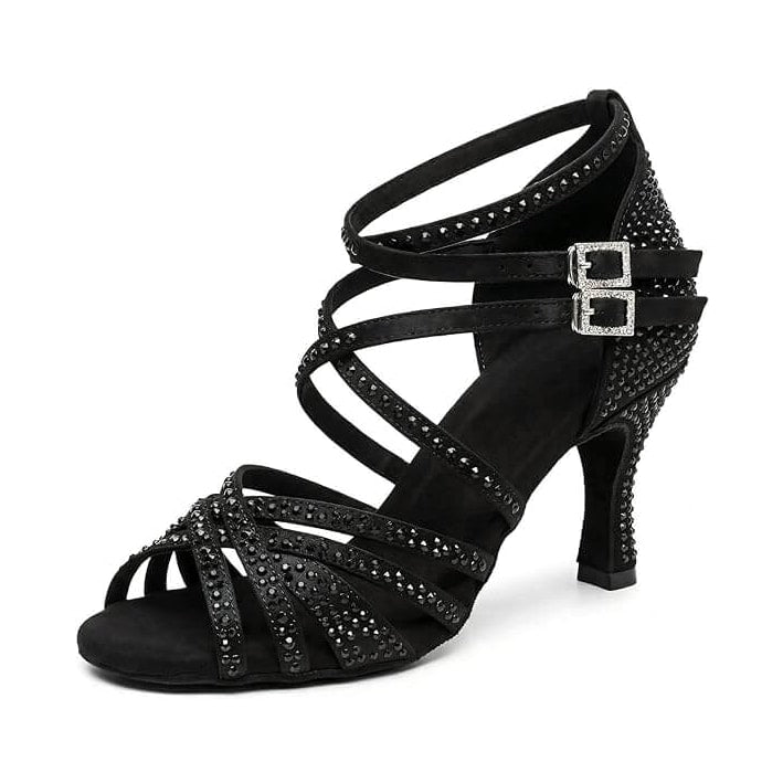 black satin strappy dance heel for women with black rhinestones and double crystal buckles
