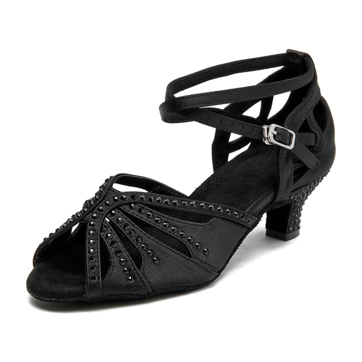 black satin salsa dance shoe for women with black rhinestone straps and low flared heel