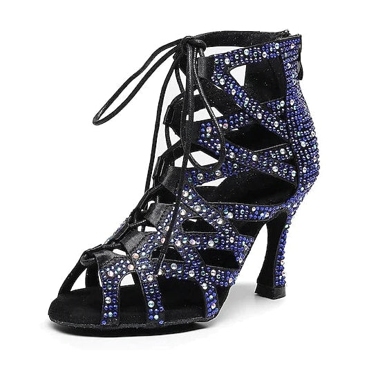 black cutout dance boot for women with blue rhinestone-covered straps and a flared stiletto heel