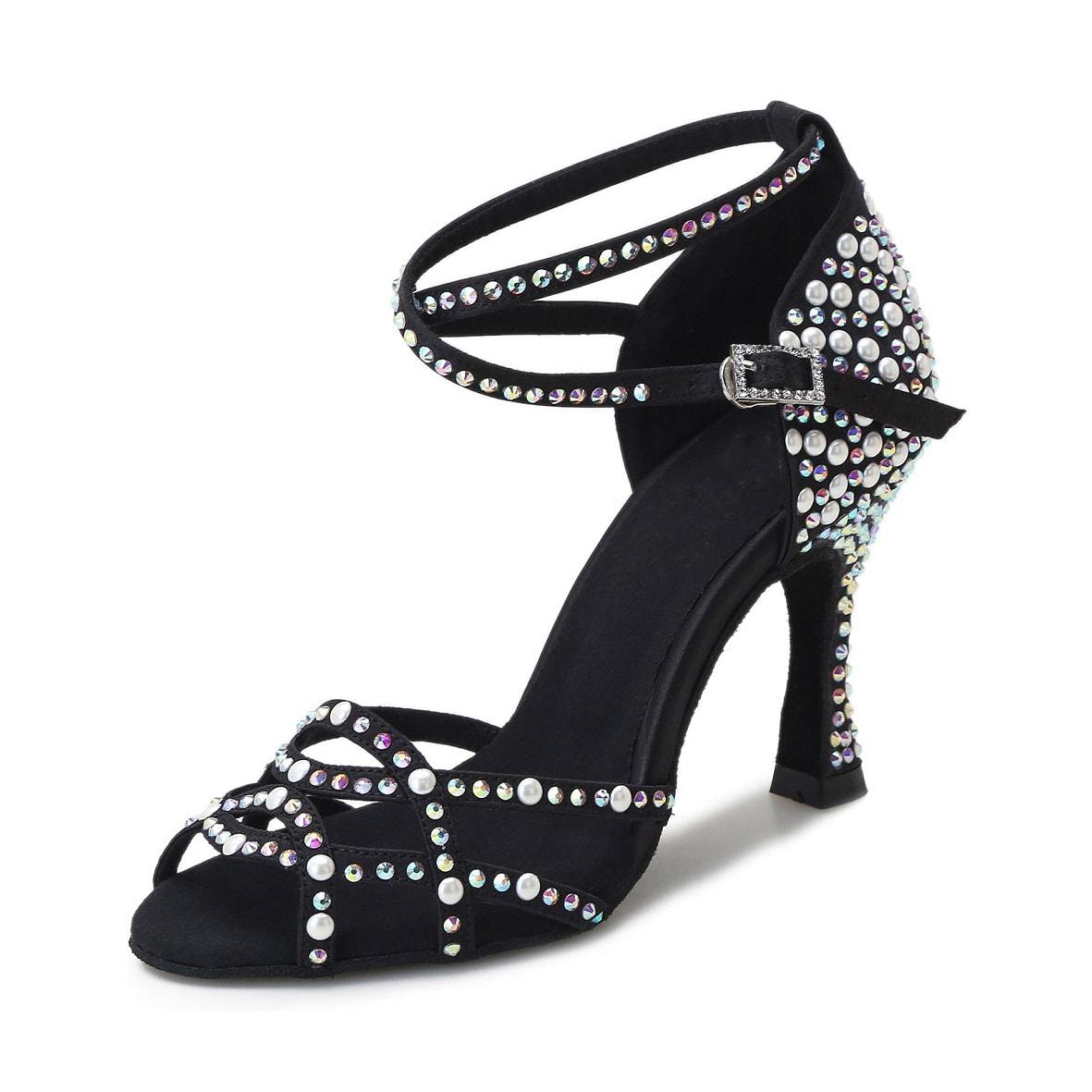 black satin dance shoe for women set with AB rhinestones and pearls, caged toe straps and open toe