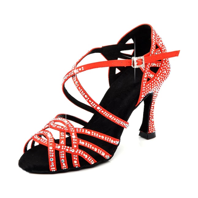 red satin performance dance shoe for women with rhinestone-lined straps on black lining