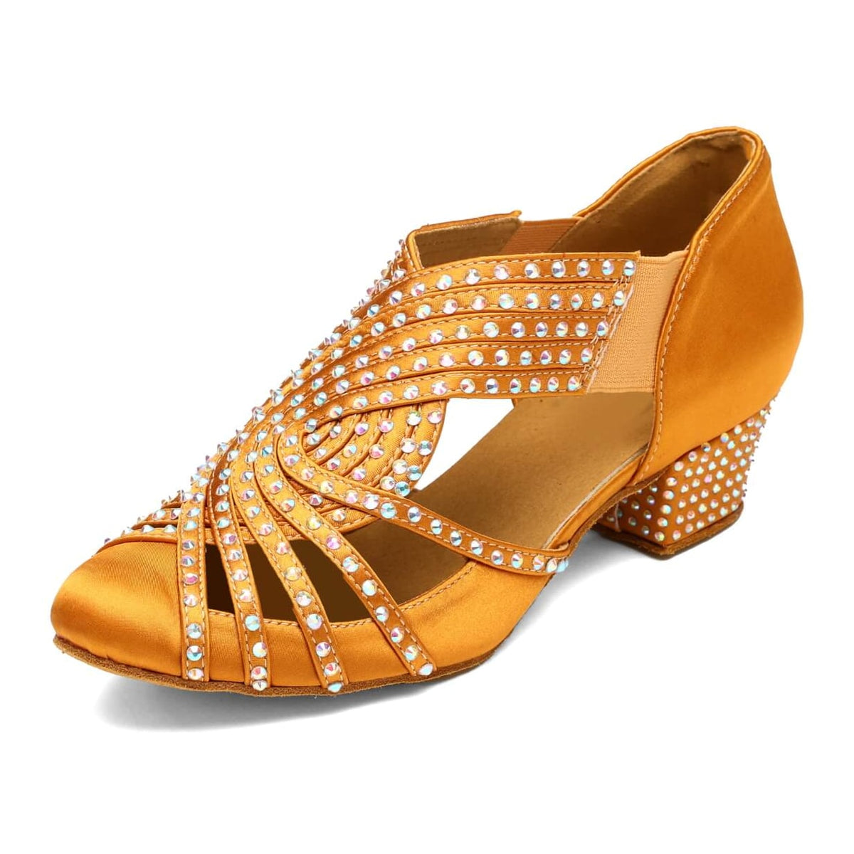 tan satin closed-toe ballroom dance shoe for women, rhinestone fan-pattern vamp, 1.5 inch cuban heel
