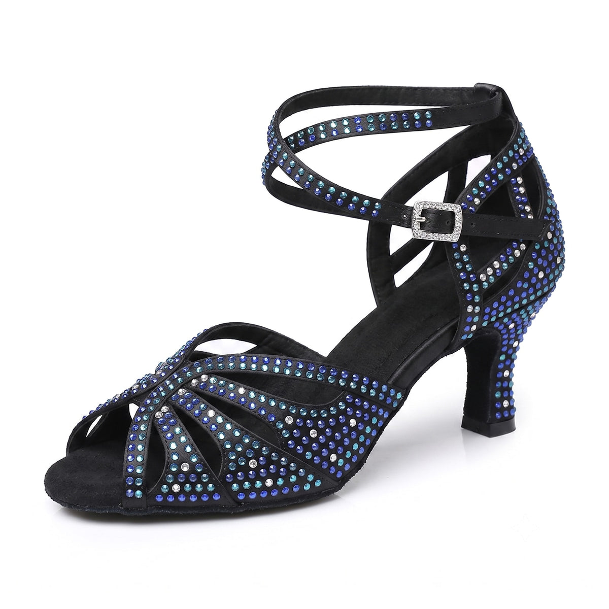 Rhinestone women's latin dance shoes front view with blue crystal straps and buckle closure
