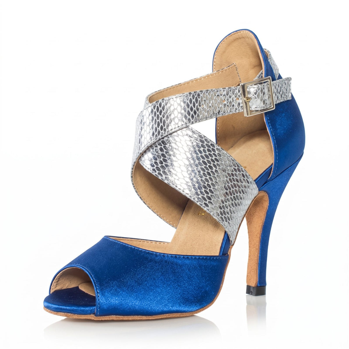 Royal blue satin salsa dance shoe for women with silver snake-print bands, open sides and a covered stiletto heel