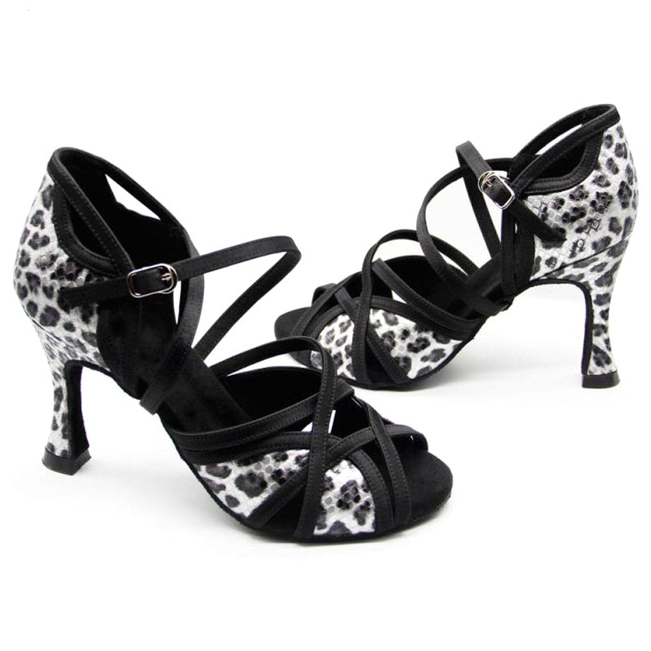 pair of leopard print latin dance shoes for women with black crossed toe straps, ankle strap and a flared heel